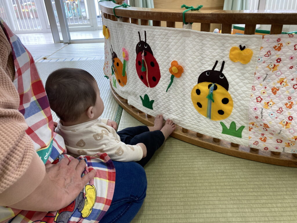 0歳児 手作りおもちゃで マジックテープはがしらいらっく保育園 常陸太田市の保育園社会福祉法人月居会