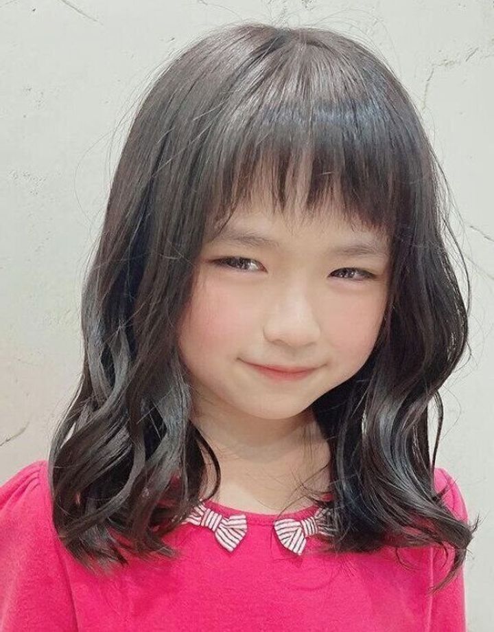 キッズカット♪女の子丸型×ミディアムの前髪ぱっつん×巻き髪×