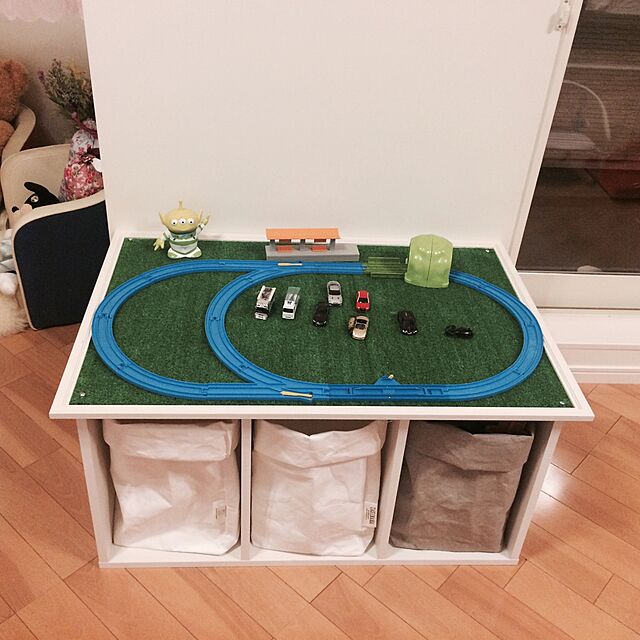 トミカ収納棚+レゴテーブル ユニット背板付ホワイト プレイボード レゴ