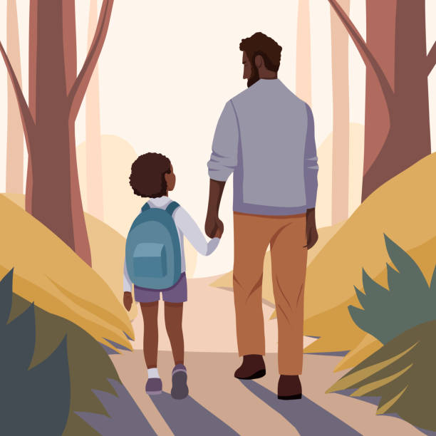 親子で手を繋ぐかわいいイラスト画像素材 白黒 モノクロ