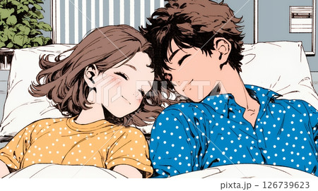 カップルに添い寝枕男女の抱擁 - カップルのベクターアート素材や画像を多数ご用意 - カップル, ベッド, 2人 - iStock