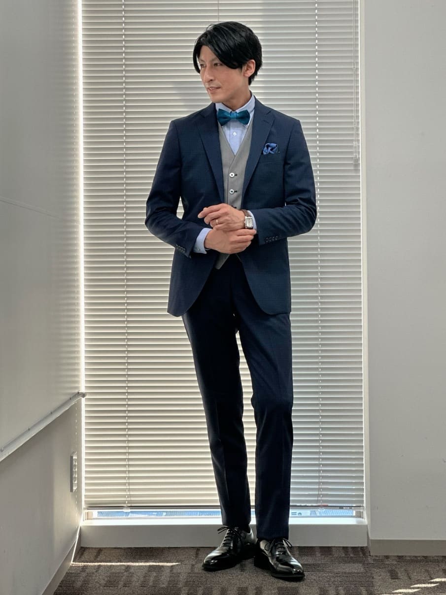 結婚式 披露宴蝶ネクタイ チーフ ブルー 水色icy シャツの着こなし・コーディネート～ギンガムチェックシャツ