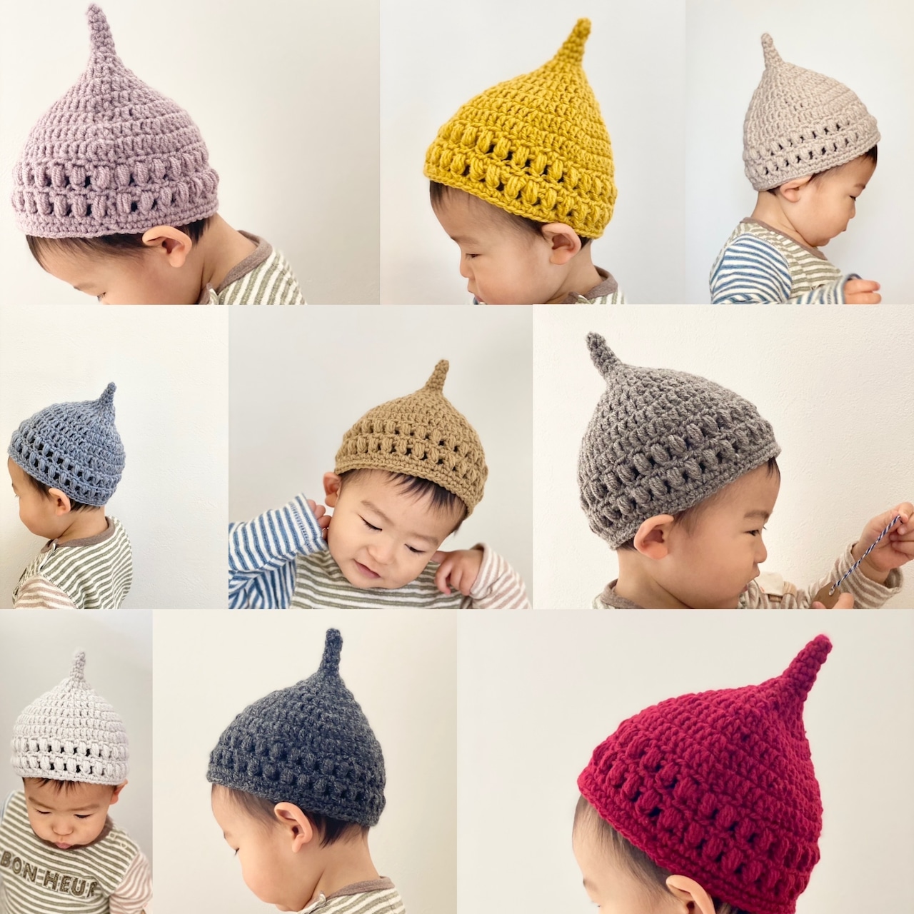 どんぐり帽子、棒針編みで編みたくて色々編んでみてます普通にメリヤスとガーターで縞模様を下から作ろうとすると、減らし目のとこがガタガタしちゃって縦のラインがキレイに出ない試しに横向きに編んでみたらいい感じ❤️ コレ正解っぽい👍 使ってる糸は @hus.jp さん