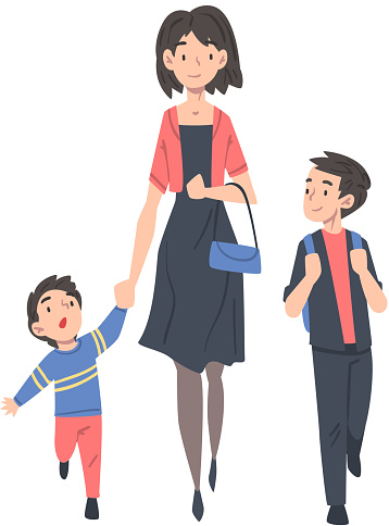 手を繋いで歩くおかあさんとこども 親子、赤ちゃん、幼児、幼稚園、保育所、散歩 ：イラスト無料