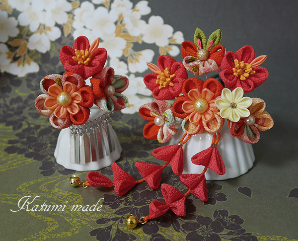 七五三 7才 着物 一式 髪飾り付き 赤 朱色 レトロ 七五三 髪飾り 3歳