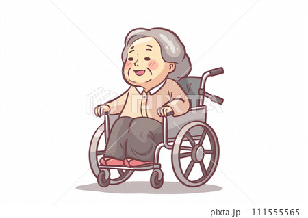 ファミリーイラスト 車椅子のおばあさんを囲む３世代家族と犬