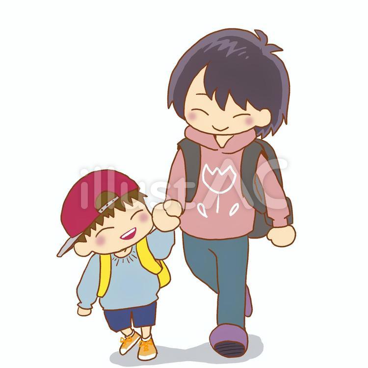 手を繋いだ男の子と女の子の後ろ姿イラスト