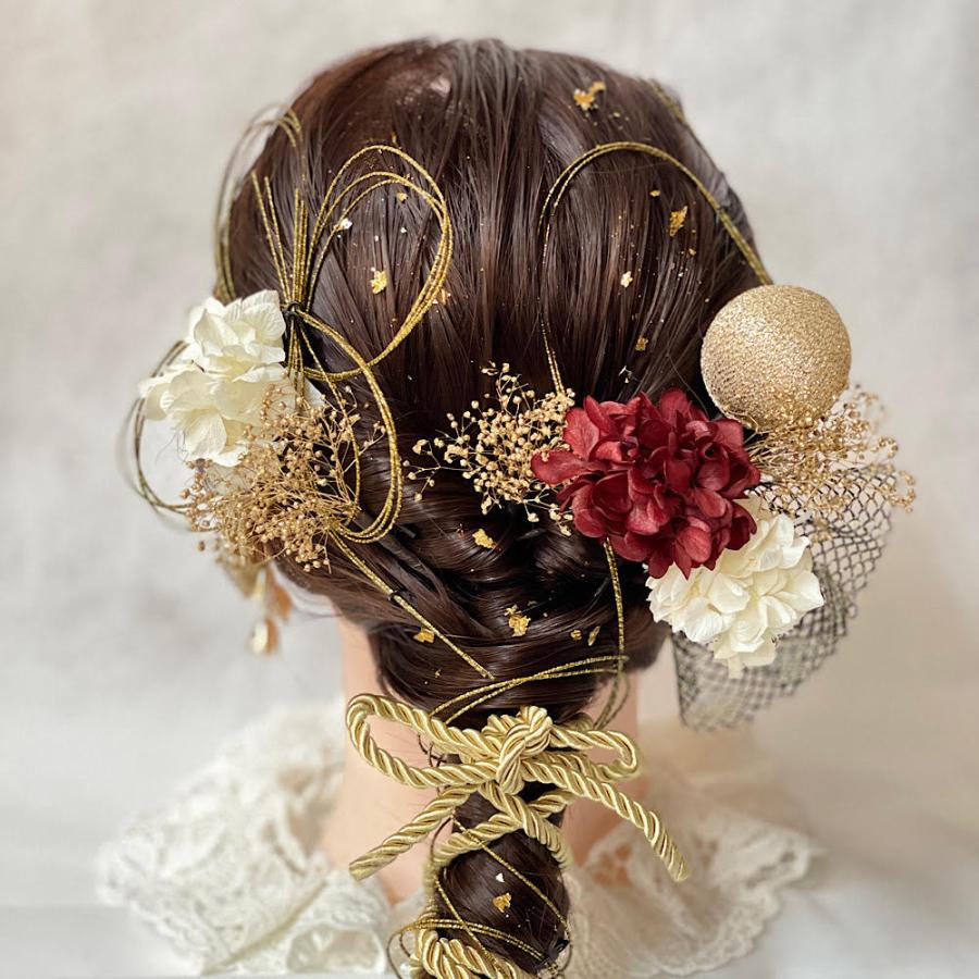 花飾り アレンジ名 卒業式 髪飾り 成人式 七五三 ベージュ 金箔+水引付き組み合わせ自由！ 花の髪飾り専門店 HanaMary ハナマリー
