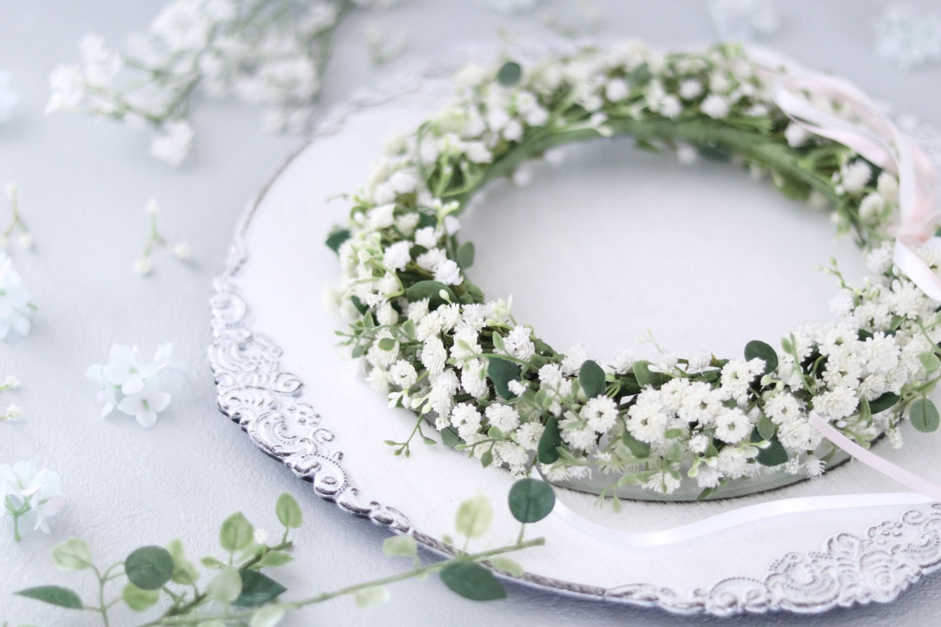 オーダー♡ウエディング ブーケ 花かんむり 赤バラとかすみ草のウェディングブーケ・ブートニア