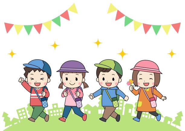 紅葉の道を歩く先生と子供たち・秋遠足」のフリーイラストイラストわくわくBOX