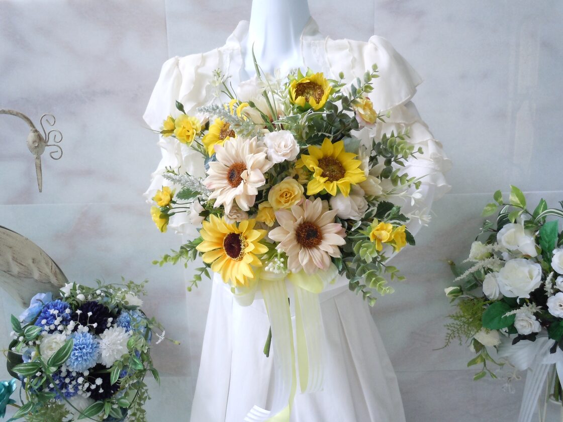ひまわりウエディングブーケ+ブートニア+髪飾りhoshifleur ホシフルール ～ウエディングブーケ専門通販～