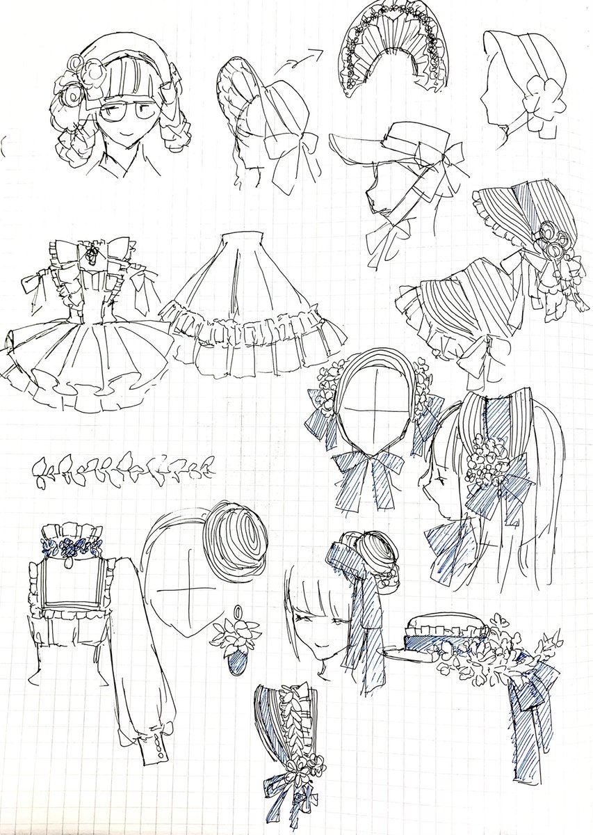 ネタ帳? 麦わら素材のボンネットやヘッドドレス達 OvO ?麦わら素材は色んなアイテムに置き換えて描いてみるとけっこう広がりました?お洋服妄想を繰り広げるのに置き換えはけっこう重要な役割