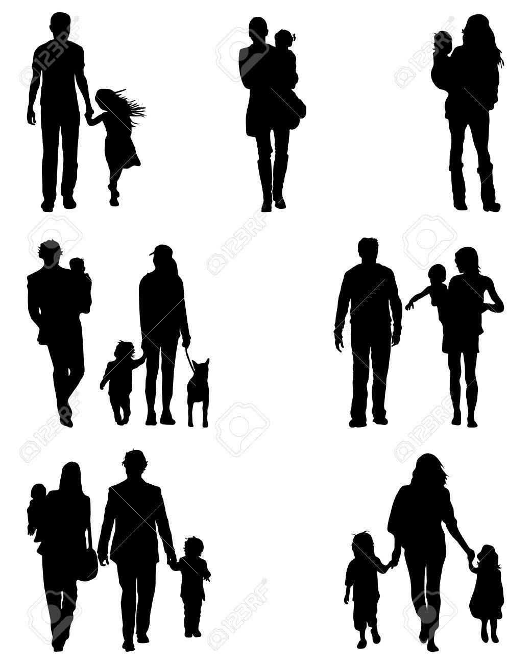 白い背景の上を歩く家族のシルエットのイラスト素材・ベクター Image 80396813