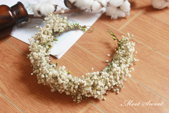 楽天市場 花かんむり ウエディング 花冠 かすみ草 ヘッドドレス カチューシャ ティアラ 結婚式 ヘアアクセサリー 髪飾り ウェディング 森ガール花輪 ドライフラワー 手作り 姫風 花嫁 パーティー 写真撮り フェス 海外旅行 送料無料: 渋谷ウイングス