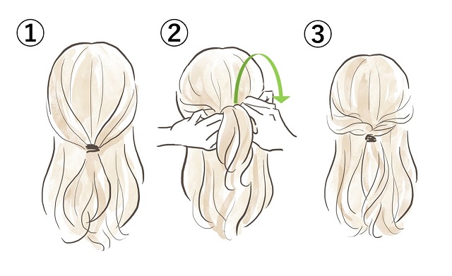 nest hairsalonさんはInstagramを利用しています:「くるりんぱカチューシャ ① 前髪を8:2くらいで分けます。 ②端から適量とり目立たないシリコンゴムで結びます。 ③ それをくるりんぱ。 ④ くるりんぱした束の下の髪をとり先ほどのくるりんぱの束の上で結びます。 ⑤