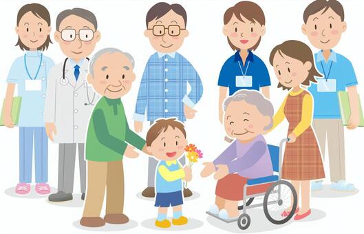 車いす介護イラスト 車いすに乗って笑顔で介護を受けるおばあちゃんとファミリー家族