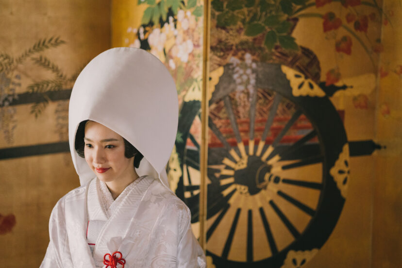 宇部市みつ美容室 和装花嫁 黒本振袖 角隠し 立て矢結び、娘が神社で結婚式を挙げました