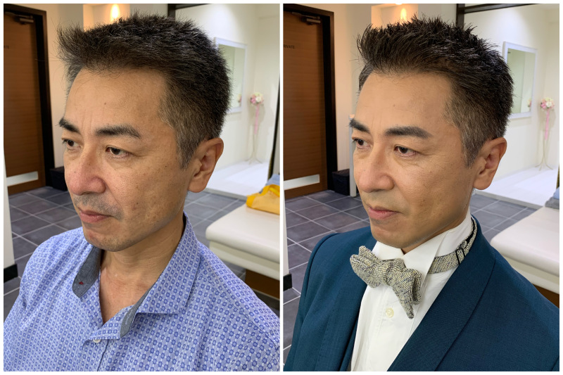新郎様のメイクのご紹介です😌✨ フォーシスアンドカンパニーでは 新郎様のヘアセット、メイクも 承っております。 ヘアセットはイメージが出来ても、男性のメイクについてはどんな仕上がりになるのかイメージがつきにくい方もいらっしゃるのではないでしょうか😌 男性の