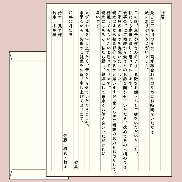 子供の結婚 親同士の手紙例文をご紹介!両家顔合わせ後にお礼状を送りたい人は必見です結婚ラジオ結婚スタイルマガジン