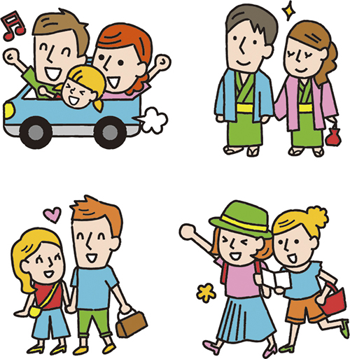 冬の家族旅行 横向き ・4人：イラスト無料