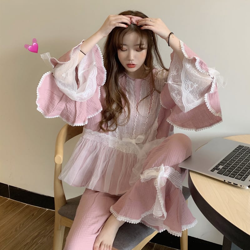 送料無料パジャマ レディース ルームウェア 上下セット 長袖 チェック柄 レース フリル かわいい おしゃれ レトロ ガーリー 寝巻き 部屋着ホームウェア ピンク グリーン セットアップ 2点セット パンツ 春 秋 インスタ映え 女子会 お泊まり 10代 20代 30代 韓国