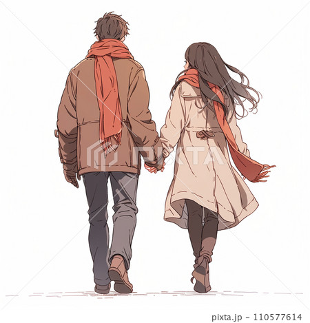 手書きの幸せ 寄り添うカップルの後ろ姿イラスト・フリー素材なら「シンテリ」