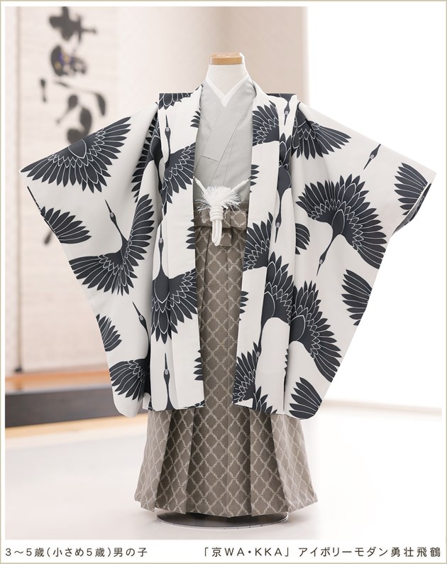 七五三 五歳男の子 着物レンタル ラフィネココ ｽﾃﾝﾄﾞｸﾞﾗｽ柄羽織 青着物×グレー袴W-B-5-19宅配着物レンタル ・一式フルセットきものレンタリエ