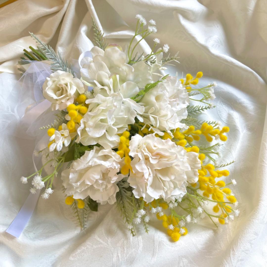 ウェディングブーケ＆ヘッドドレス ミモザとお花たちのナチュラルブーケ ブライダル 花嫁 式