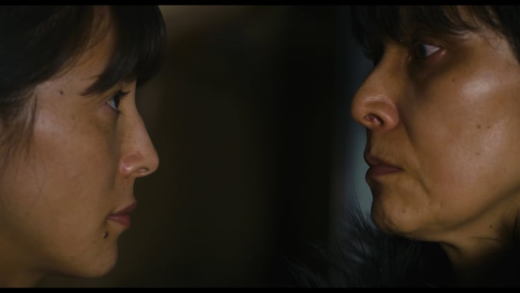 夕暮れ時に海辺の木の歩道に抱きしめる母娘。中年の女性と10代の女の子が並んで立ち、青いTシャツと短パンを着ている。母性と旅のコンセプト