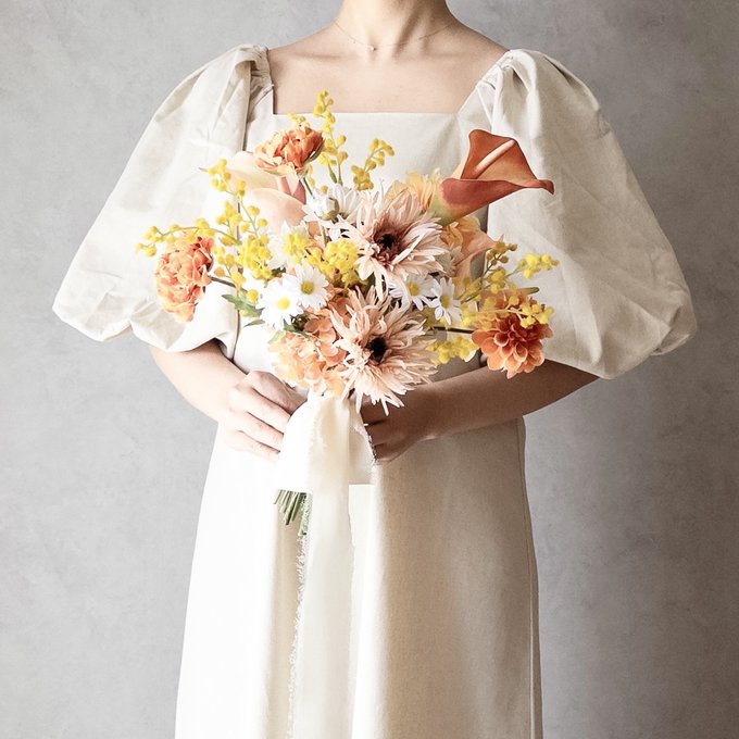 生花に見える 高級造花 ミモザ カラー ウェディングブーケ 前撮り 披露宴