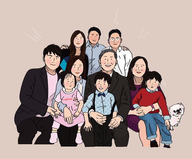 ファミリー 家族の記念にかわいい似顔絵 家族の笑顔を似顔絵にのこしませんか。 記念 誕生日 結婚記念日 思い出 写真から似顔絵 あきよ -似顔絵プレゼント お祝い似顔絵おむすび - プレゼント＆ギフトのギフトモール