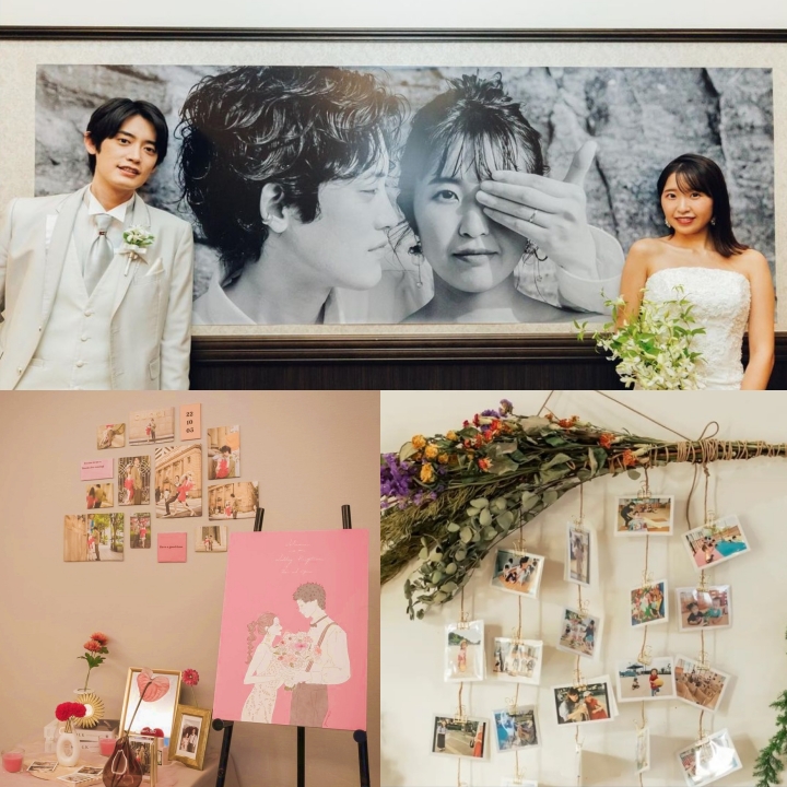 お客さまのWelcome space紹介3点セットをご購入いただいたお客さま💐 ブラックを基調にした素敵なウェルカムスペース！ご結婚式、本当におめでとうございます🤍 ◇3点セット ・リボンタペストリー ・写真タペストリー ・幼少期パネル ご購入はプロフィールリンクから