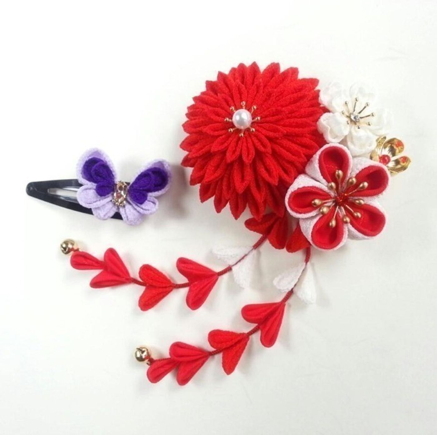 つまみ細工髪飾り 紅白 菊 蝶 成人式 卒業式 七五三 ハンドメイド バッグ